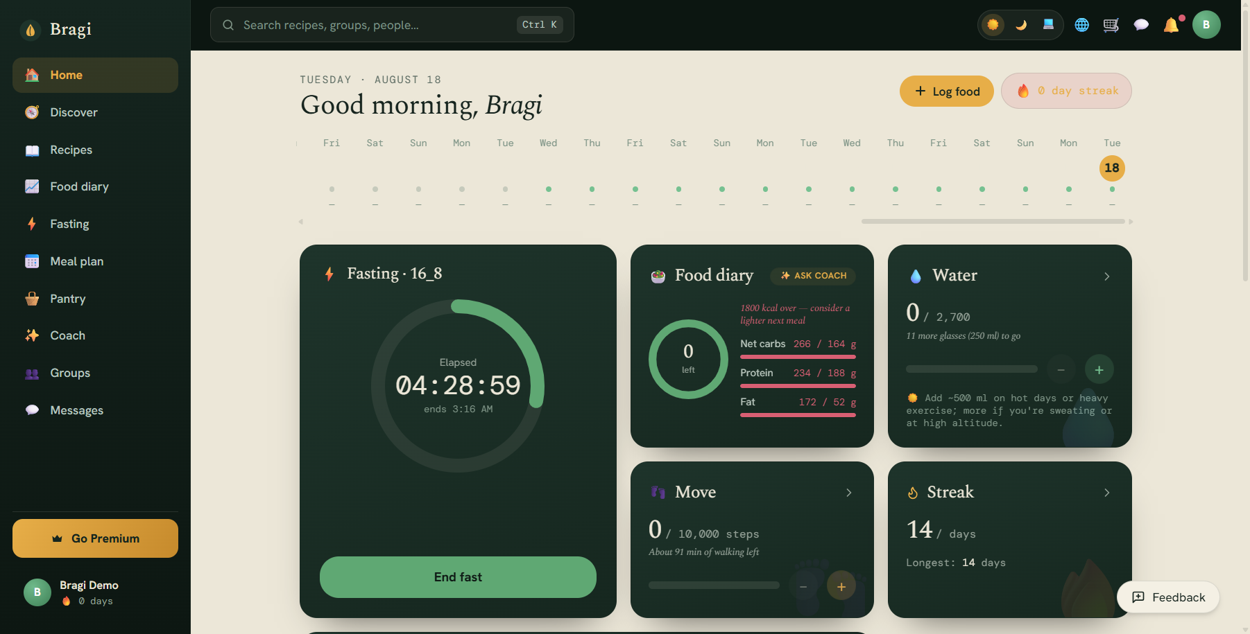 Home dashboard with active fasting ring, macros, and 14-day streak
