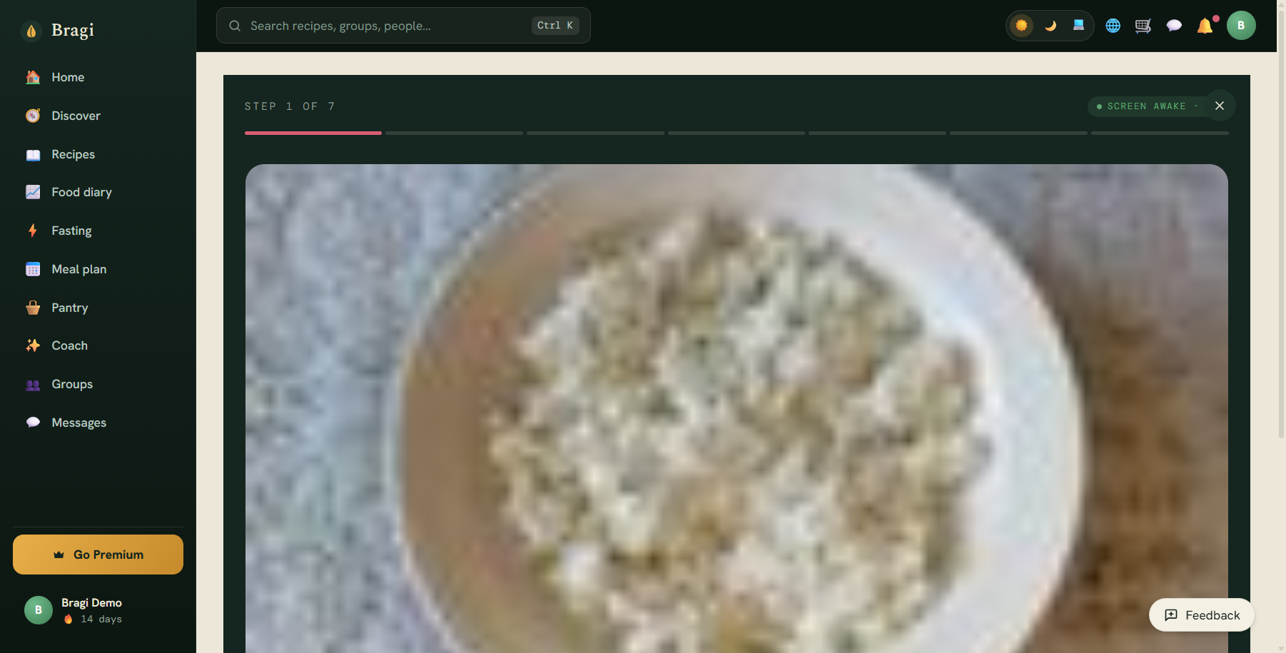 Cook mode active — full-screen step guide