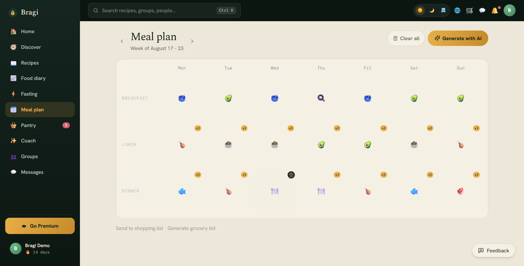 Meal plan week grid on the web app