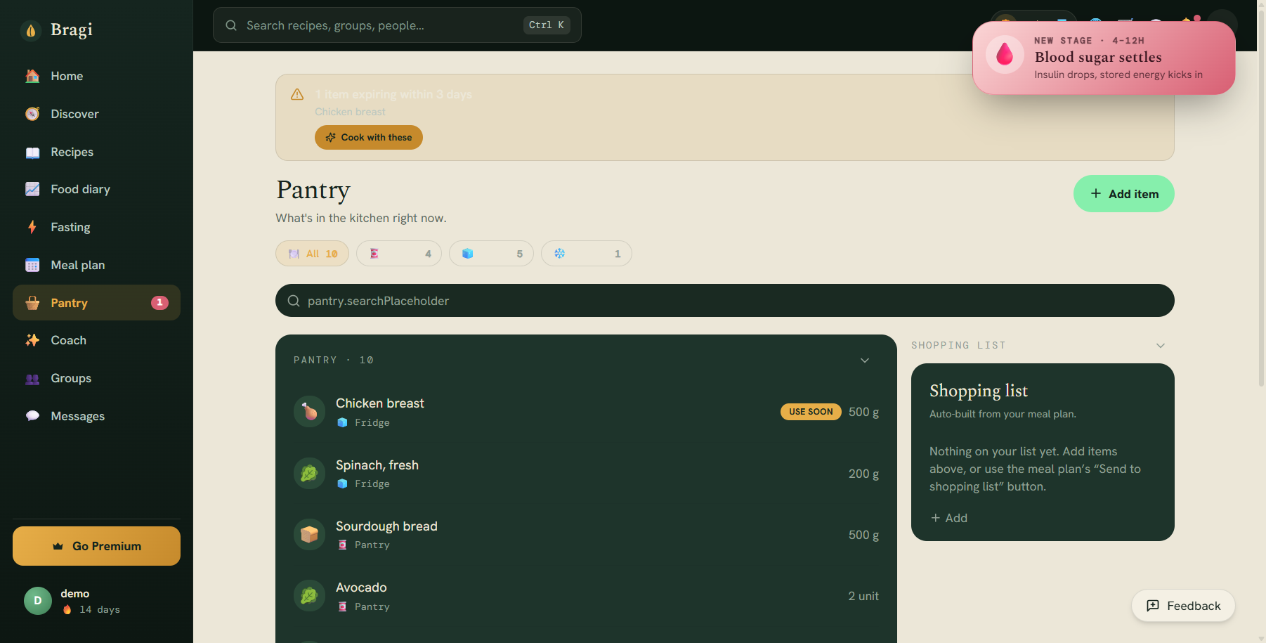 Pantry with staple items and expiry tracking