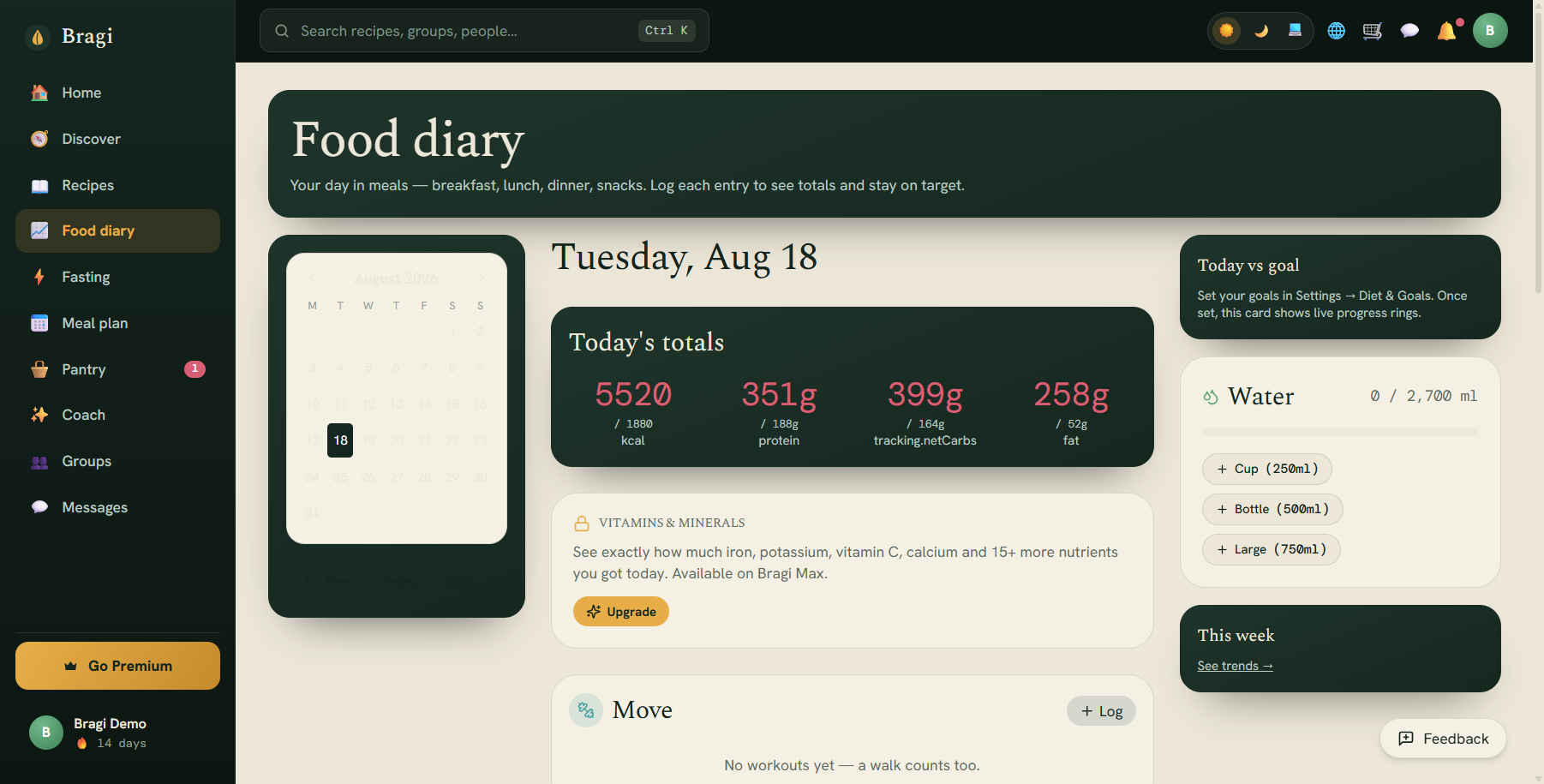 Food diary showing today's macros and meal breakdown